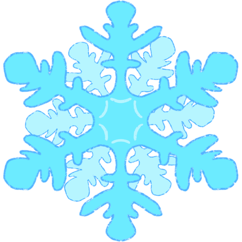 A teal and blue snowflake, it has various spikes and stems coming off of it.